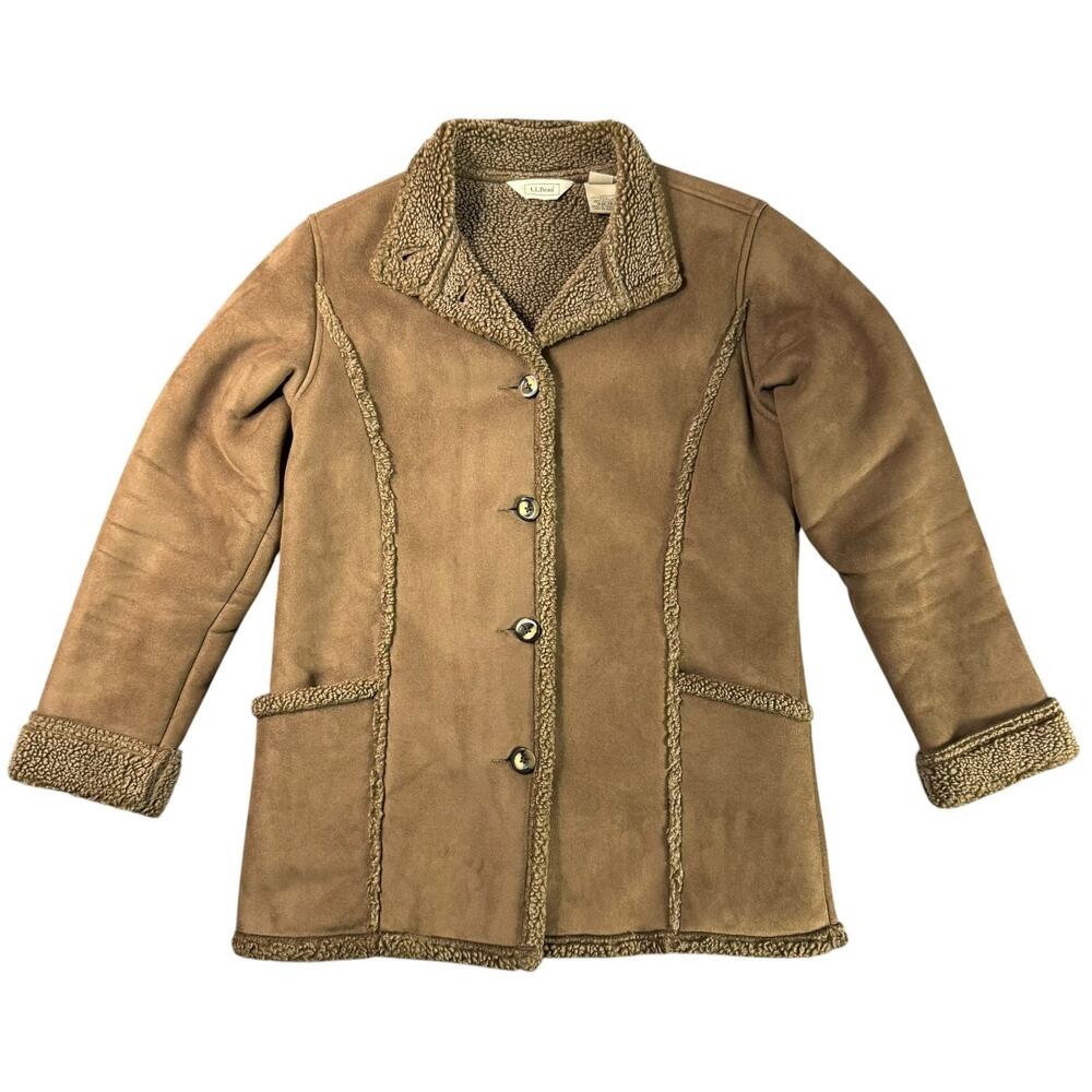 Vintage LL Bean Womens S Faux Suede Sherpa Lined Long Coat Brown Shearling